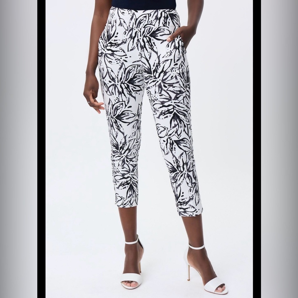 Joseph Ribkoff Floral Black White Pants Size 6 Stretch Pockets Crop Microtwill